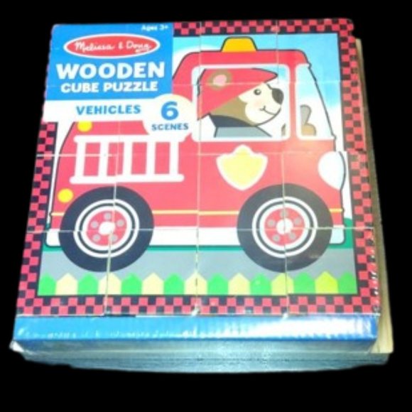 Melissa & Doug Wooden Cube Puzzle - Vehicles - NEW Sealed 6 Scenes OOP - Picture 1 of 2